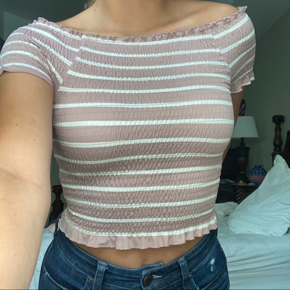 Off the shoulder pink&white striped top